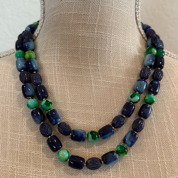 Vintage Hong Kong Blue Green Beaded Necklace - Picture 1 of 8